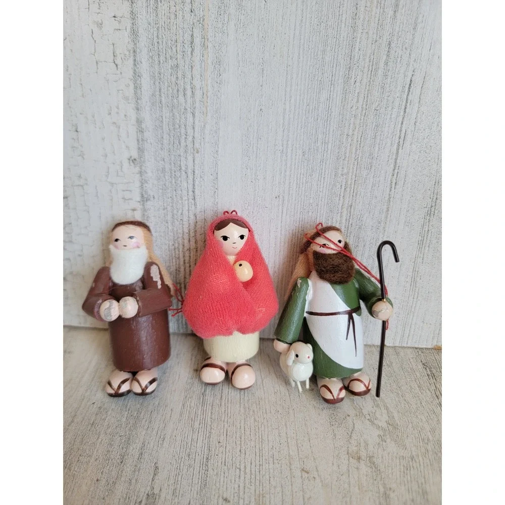 Vintage Mary Joseph nativity seeing Shepherd wooden ornament Xmas set religious